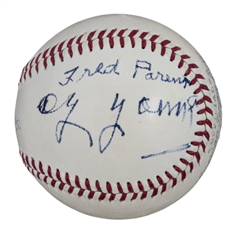 1903 Boston Americans (Red Sox) Multi-Signed OAL Harridge Baseball With Cy Young, Fred Parent And Tommy Connolly (PSA/DNA)